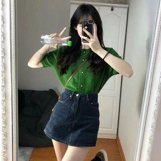 Short Sleeve Crew Neck Crop Cardigan / High Waist Denim Mini A-line Skirt