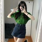 Short Sleeve Crew Neck Crop Cardigan / High Waist Denim Mini A-line Skirt