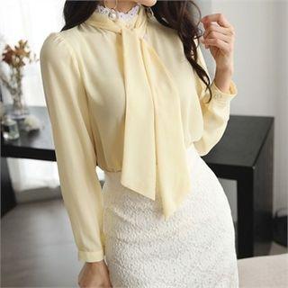 Mandarin-collar Lace-trim Chiffon Blouse With Tie