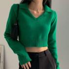 V Neck Long Sleeve Knit Cropped Top
