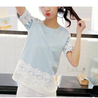 Flower Crochet Trim Elbow Sleeve T-shirt