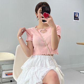 Heart-cutout Lettuce-edge Knit Crop Top