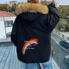 Faux Fur Trim Rainbow Print Hooded Zip Jacket