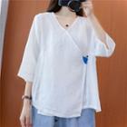Elbow-sleeve V-neck Embroidered Blouse