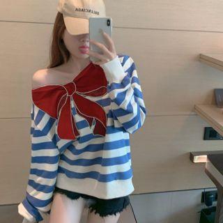 Striped Embroidered Bow Sweatshirt Stripes - Blue & White - One Size