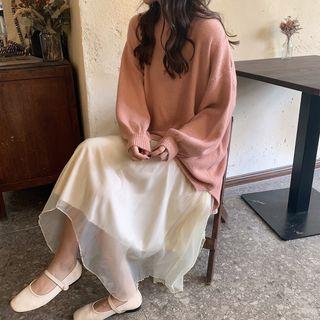 Irregular Hem Oversize Sweater / Chiffon Midi A-line Skirt