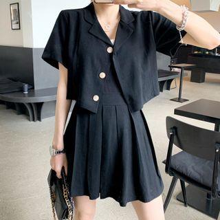 Set: Short-sleeve Blazer + Pleated Miniskirt