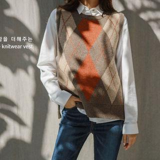 Sleeveless Argyle Wool Blend Knit Top