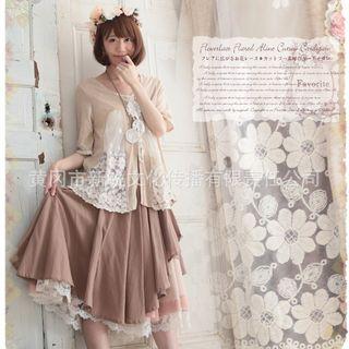 Elbow-sleeve Lace Panel Top Almond - One Size