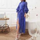 Puff-sleeve Tie-waist Slit Midi A-line Lace Dress