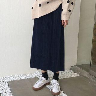 Band-waist Pleated Long Velvet Skirt