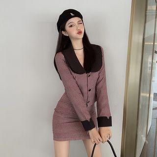 Check Long-sleeve Slim-fit Top / Skirt