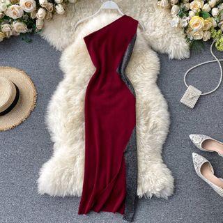 One-shoulder Glitter Panel Midi Knit Dress