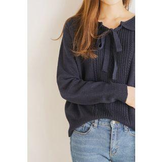 Tie-neck Collared Rib-knit Top
