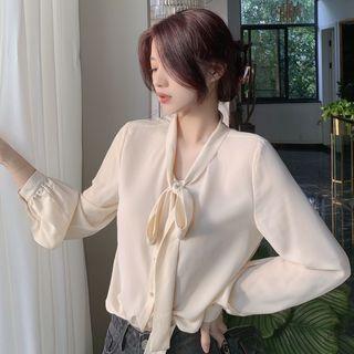 Plain Bow Long-sleeve Shirt / Color-block Long-sleeve Blazer