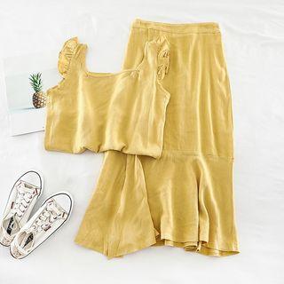 Set: Plain Sleeveless Top + A-line Midi Skirt