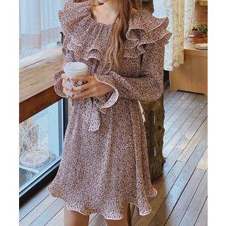 Layered-collar Pleated Floral Print Dress