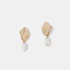 Irregular Alloy Disc Faux Pearl Dangle Earring Gold & White - One Size
