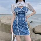 Spaghetti Strap Lace Trim Tie-dye Dress / Frill Trim Crop Shirt
