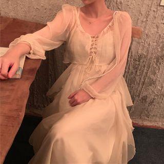 Spaghetti Strap Mesh Midi Dress / Lace-up Light Jacket