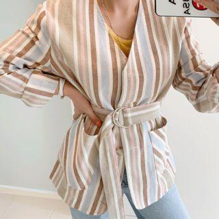 Collarless Striped Linen Jacket With Belt