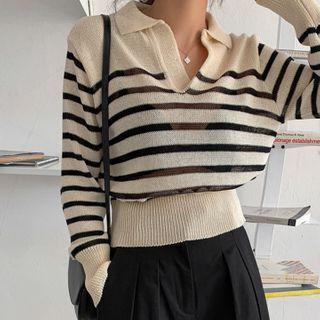 Collared Sheer Stripe Knit Crop Top