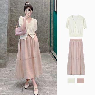 Puff-sleeve Button-up Top / Maxi A-line Skirt / Set