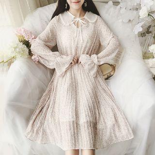 Printed Long-sleeve Pleated Chiffon Dress