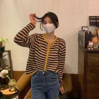 Round-neck Striped Color-block Button-up Cardigan