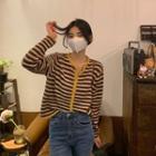 Round-neck Striped Color-block Button-up Cardigan