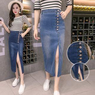 Slit-front Midi Straight-fit Denim Skirt