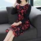 Long-sleeve Floral Embroidered Midi A-line Mesh Dress
