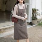 Set: Plain Long-sleeve T-shirt + Plaid Midi Jumper Dress