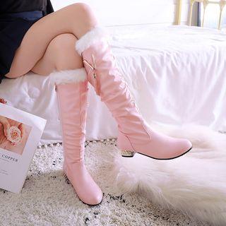 Faux Leather Fringed Block-heel Zip Tall Boots