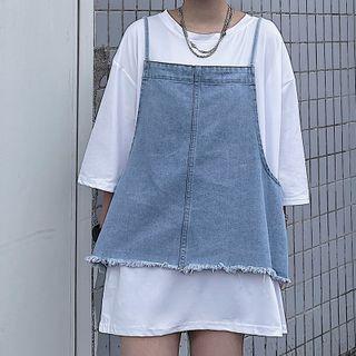Elbow-sleeve Plain T-shirt / Denim Camisole Top