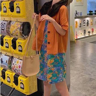 Elbow-sleeve Shirt / Sleeveless Floral Mini Dress