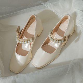 Faux Pearl Bow Accent Block Heel Mary Jane Shoes