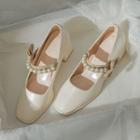 Faux Pearl Bow Accent Block Heel Mary Jane Shoes