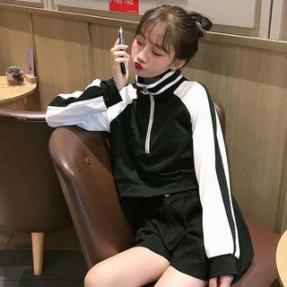 Color Block Zip Placket Cropped Sweatshirt
