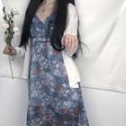 Plain Cardigan / Sleeveless Floral Printed Dress