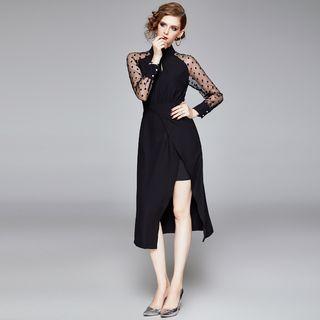 Mesh Sleeve Slit A-line Midi Dress