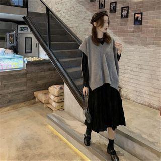 Set: V-neck Knit Vest + Long-sleeve Midi A-line Dress