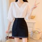 Elbow-sleeve V-neck Blouse / A-line Mini Skirt / Set