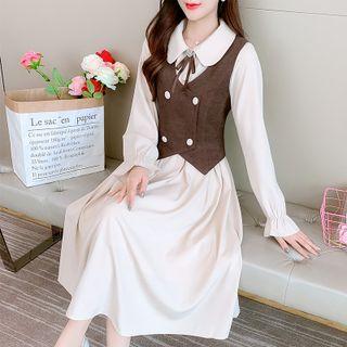 Set: Peter Pan Collar A-line Dress + Double Breasted Cropped Vest