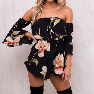 Off-shoulder Flower Print Romper