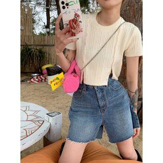 Short-sleeve Slit Knit Crop Top Off-white - One Size