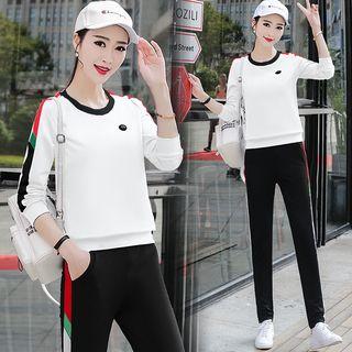 Set: Contrast Trim Long-sleeve Top + Sweatpants
