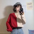 Long-sleeve Color Block Shirt / Bell-sleeve Lace Top