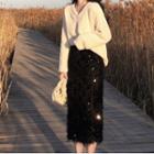 Furry Sweater / Sequined Midi Straight-fit Skirt