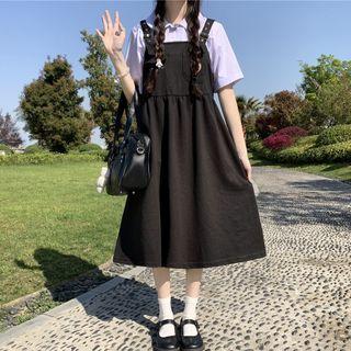 Short-sleeve Plain Shirt / Embroidered Midi Overall Dress
